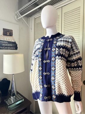 Vintage 80s Nordstrik Wool Cardigan Sweater Nordic Fair Isle Pewter Claps Size M